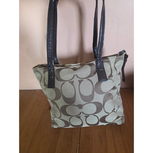 Authentic Coach Monogram Khaki and Vermillion Striped Shoulder Bag Tote Medium - Picture 3 of 13